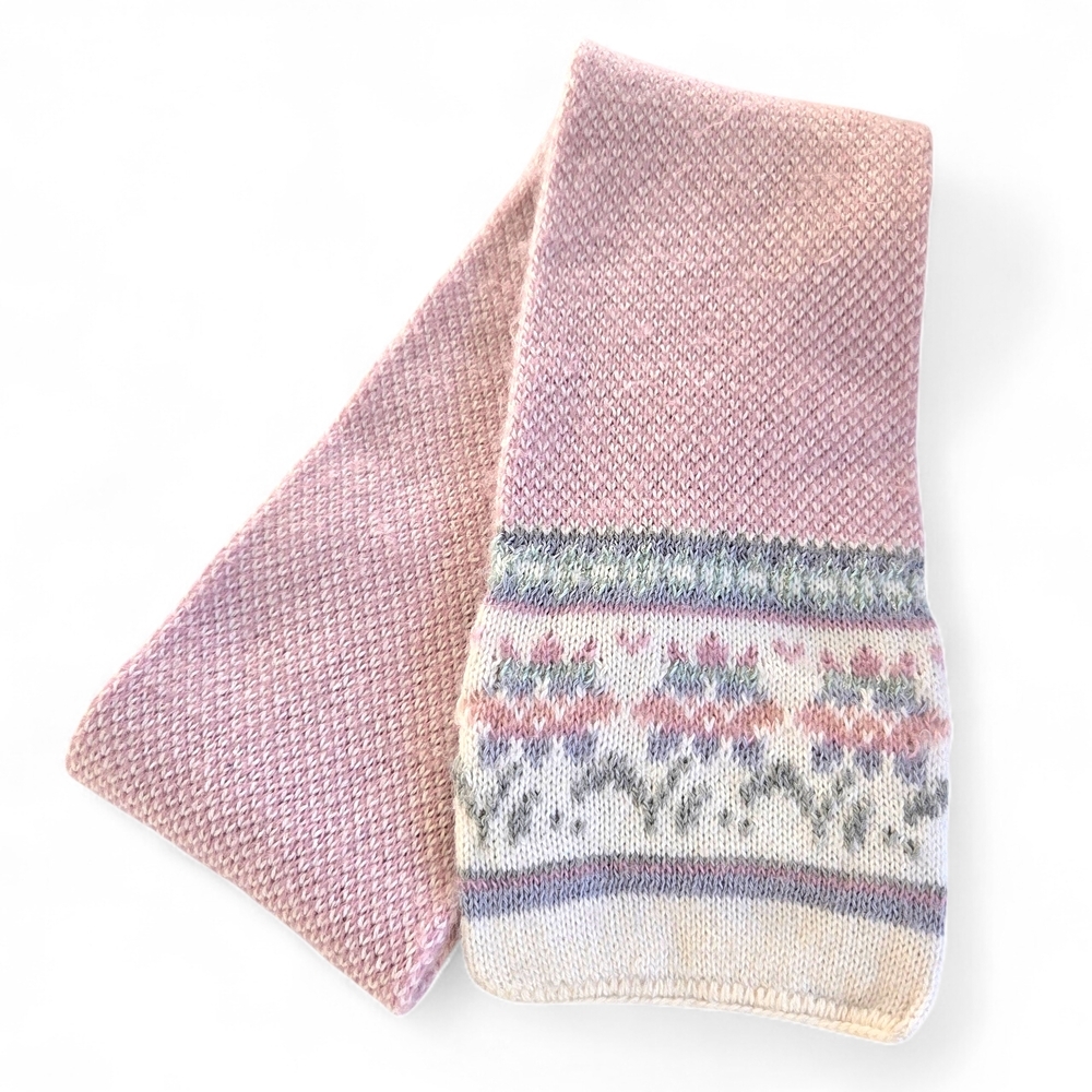 Vintage Hansen Pink and Cream Knit Scarf Floral Border Made In USA